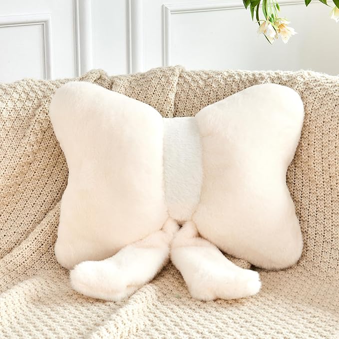 XVTRU Ivory Bow Pillow, Soft Bow Decorative Pillows with Faux Rabbit Fur, Cute 16" Bow Throw Pillows, Aesthetic Home Decor Bow Shaped Plush Pillow for Bedroom Sofa Couch