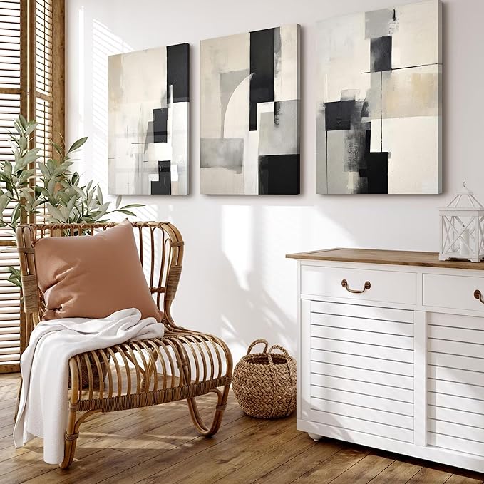 3Pcs Framed Neutral Abstract Canvas Wall Art Pictures Modern Minimalist Posters Prints Beige Black Brown Simple Wall Decoration for Living Room Bedroom Bathroom Office 16x24in