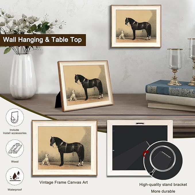 uniro Vintage Framed Wall Art, Vintage Dog and Black Horse Canvas Art Prints Painting, Antique Animal Farm Poster for Nursery Wall Decor, Rustic Horse Aesthetic Picture for Bedroom, Gallary, Living Room, Office,Desktop Decor - 10x12Inch