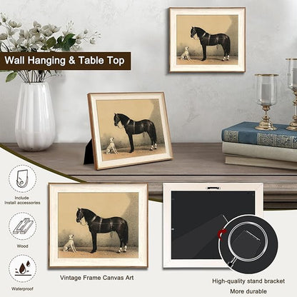 uniro Vintage Framed Wall Art, Vintage Dog and Black Horse Canvas Art Prints Painting, Antique Animal Farm Poster for Nursery Wall Decor, Rustic Horse Aesthetic Picture for Bedroom, Gallary, Living Room, Office,Desktop Decor - 10x12Inch