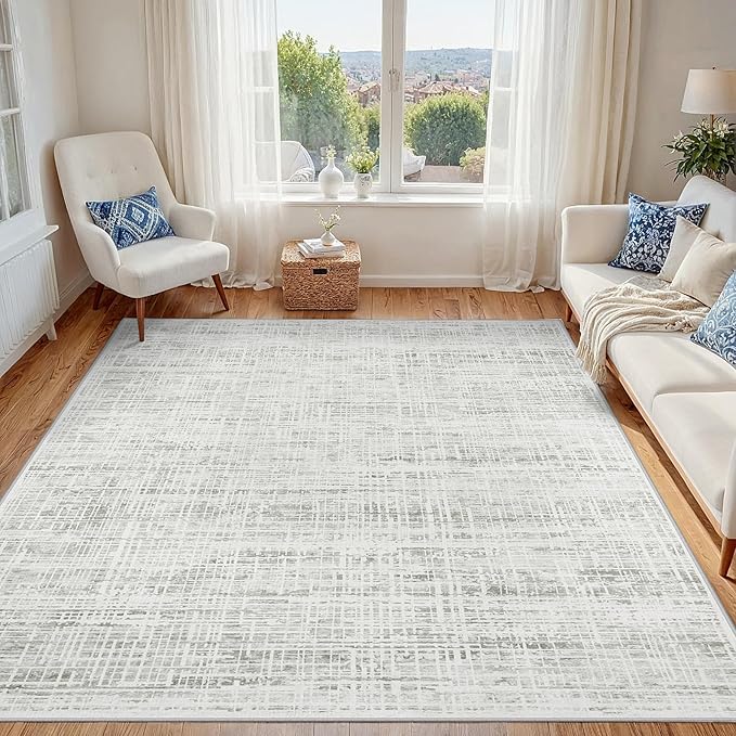 4x6 Area Rugs Washable Rug: Anti-Skid Abstract Modern Living Room Rug Soft Thin Carpets Indoor Floor Non-Shedding Carpet for Bedroom Dining Farmhouse Nursery Home Office (White Gray, 4'x6')