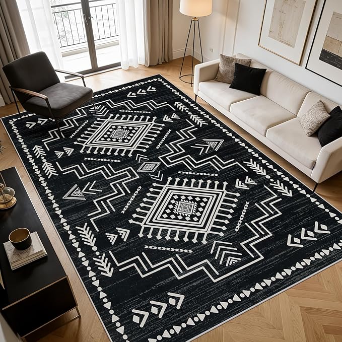 Joydeco Moroccan 5x7 Western Black and White Rugs for Living Room, Washable Soft Aztec Rug for Bedroom, Low Pile Distressed Modern Carpet for Dining Room Playroom Office Home Decor