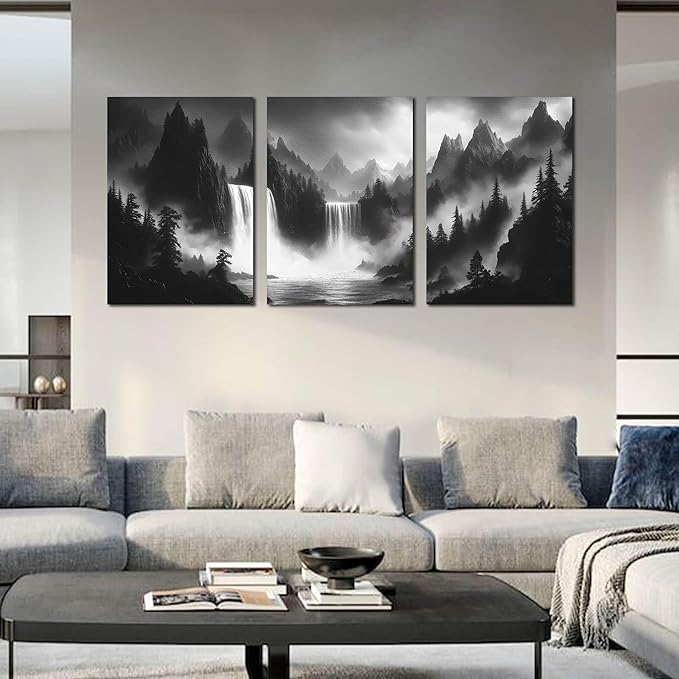 CIRABKY Waterfall Canvas Wall Art for Living Room - Mountains Pictures Wall Art for Office - Modern 3 Piece Large Wall Art for Bedroom Size 24" x 36"