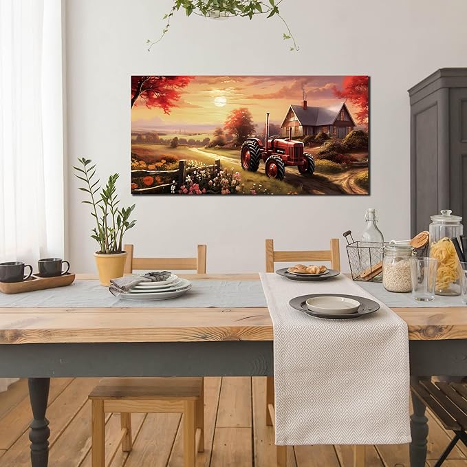 ANCXWOTER Canvas Wall Art Sunset Landscape Canvas Prints Vintage Red Tractor for Living Room Bedroom Office Home Decor Country Farmhouse Artwork 24x48 Inch