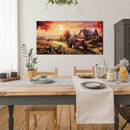 ANCXWOTER Canvas Wall Art Sunset Landscape Canvas Prints Vintage Red Tractor for Living Room Bedroom Office Home Decor Country Farmhouse Artwork 24x48 Inch