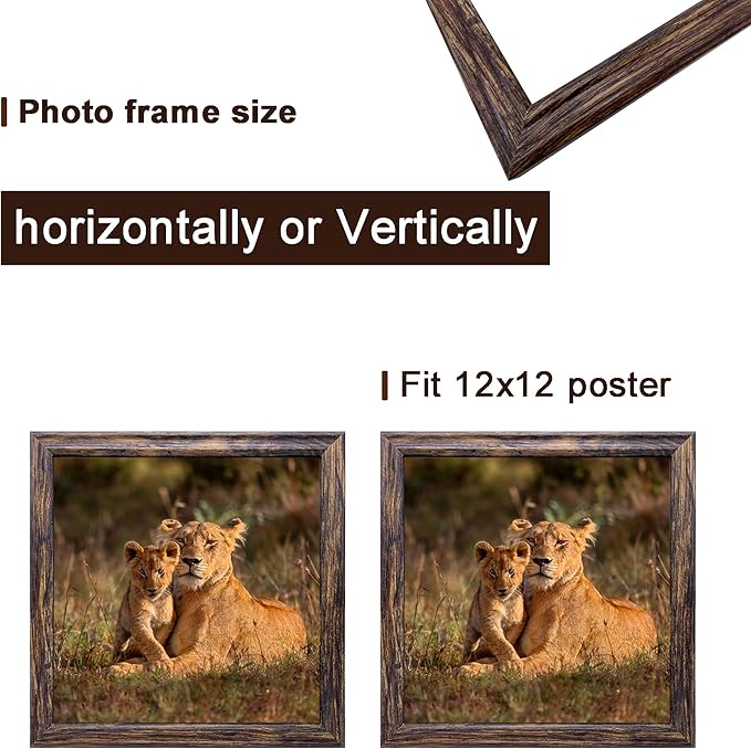 12x12 in Picture Frame set of 3, Horizontal and Vertical Formats for Wall Hanging, 12 x 12 Square Wall Gallery Poster Photo Frame Brown with Shatter Resistant Plexiglass,best gift