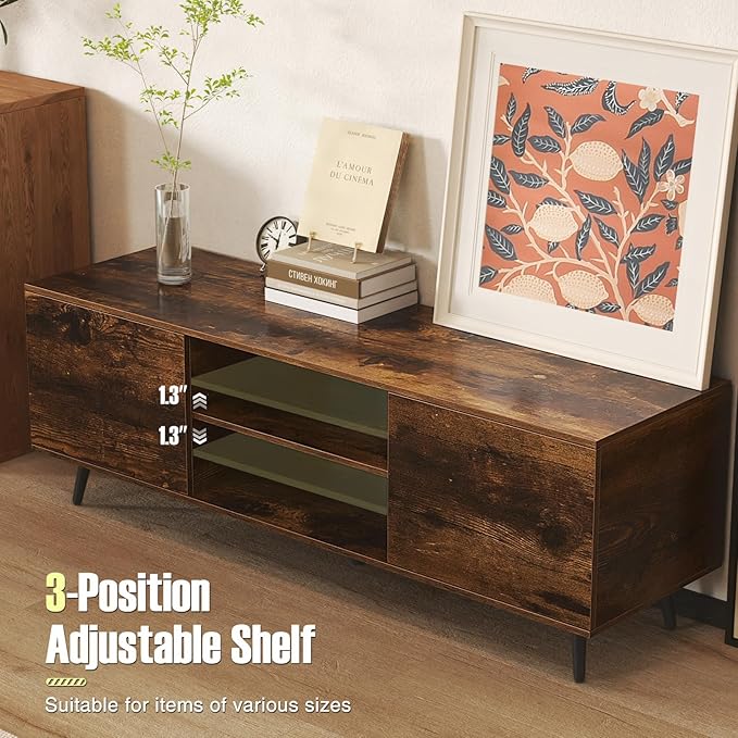 Tangkula TV Stand for 60" TVs, Entertain Center w/Power Outlets, Mid Century Modern Media Console Table w/Adjustable Shelf, 2 Cabinets & Metal Support Legs for Living Room Bedroom (Rustic Brown)