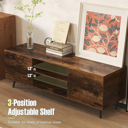 Tangkula TV Stand for 60" TVs, Entertain Center w/Power Outlets, Mid Century Modern Media Console Table w/Adjustable Shelf, 2 Cabinets & Metal Support Legs for Living Room Bedroom (Rustic Brown)