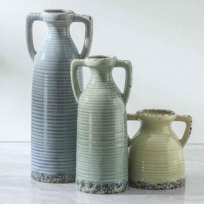 Ceramic Vases Set of 3, Neutral Rustic Farmhouse Vase with Handle, Decorative Flower Vases Home Decor Modern Boho Pampass Vase for Table Mantel Entryway Shelf Living Room Kitchen Bathroom - Multicolor