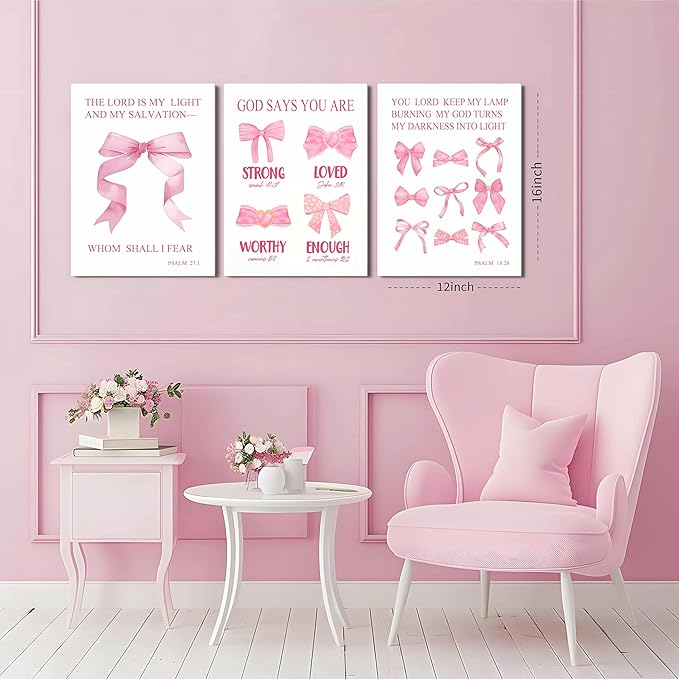 JBZDD Christian Pink Bow Wall Art Set of 3 Inspirational Bible Verses Quotes Decor Posters Pictures Prints for Girls Room College Apartment Bathroom Bedroom Living Room12x16in Framed