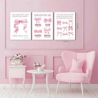 JBZDD Christian Pink Bow Wall Art Set of 3 Inspirational Bible Verses Quotes Decor Posters Pictures Prints for Girls Room College Apartment Bathroom Bedroom Living Room12x16in Framed