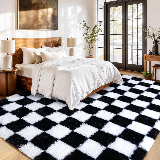 Area Rugs for Living Room, Shaggy Carpets for Living Room, Fuzzy Rugs for Kids' Room, Perfect Decor for Modern Home Black White Grid 8x10 Ft