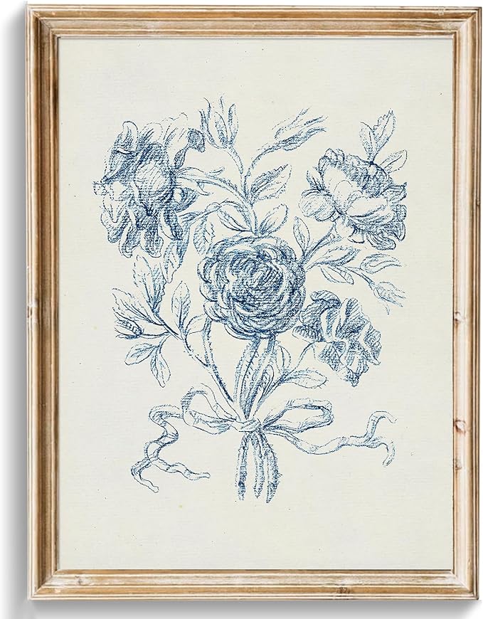 uniro Vintage Blue Rose Bouquet Sketch Wall Art Print, Neutral Flower Wall Painting, Retro Botanical Floral Posters for Room Aesthetic for Bedroom Living Room Bathroom Wall Decor(8" x 10"-UNFRAMED)