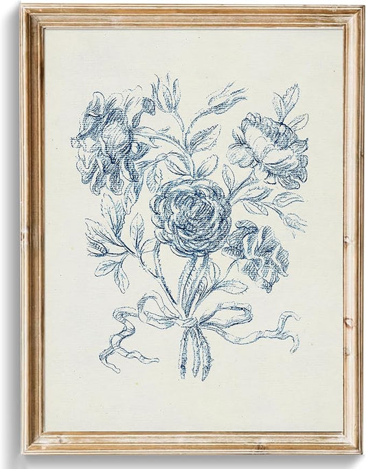 uniro Vintage Blue Rose Bouquet Sketch Wall Art Print, Neutral Flower Wall Painting, Retro Botanical Floral Posters for Room Aesthetic for Bedroom Living Room Bathroom Wall Decor(8" x 10"-UNFRAMED)