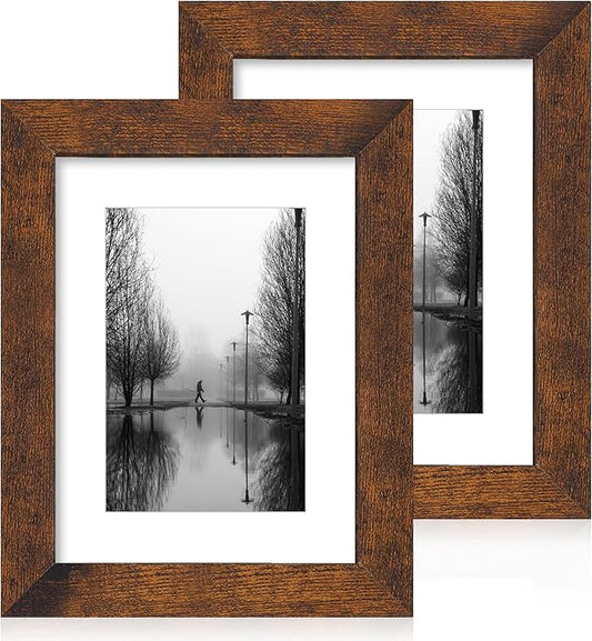 iRahmen 6x8 Picture Frame with Mat 4x6 - High Definition Real Glass Wooden Photo Frames for Tabletop Display and Wall Mounting (Dark Brown, Set of 2)