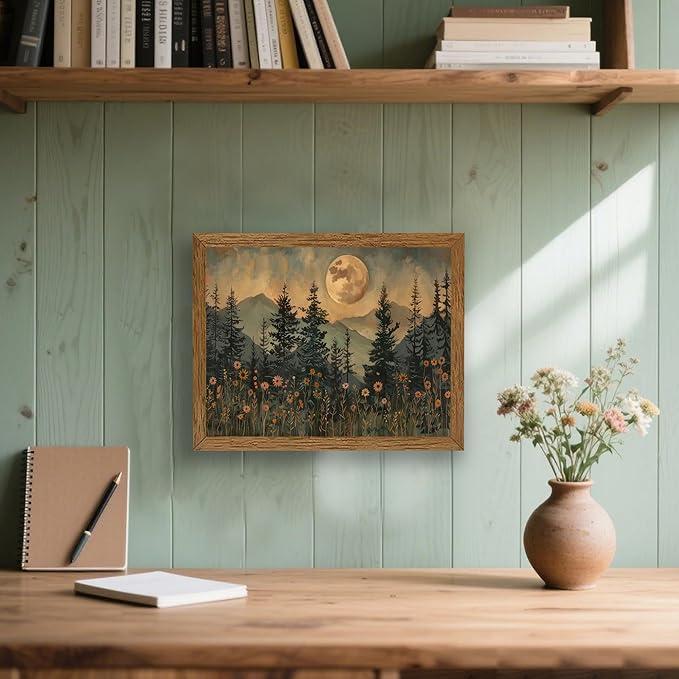 JLTULT Framed Vintage Moon Forest Canvas Wall Art, Moonlight Pine Tree Flower Wall Decor, Woodland Wildflower Picture Prints Artwork for Bedroom Living Room Office Decoration 8x10 inch Easy to Hang