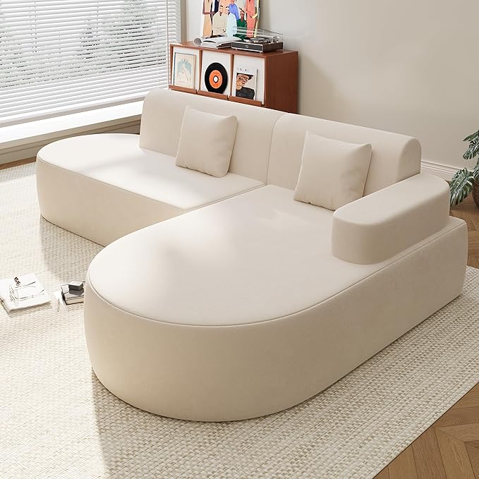 MELLCOM Modern 93" Curved Boneless Sofa Couch, L-Shaped Corner Sofa, No Assembly Needed, Chenille Upholstered Cloud Sectional Couch for Living Room,Apartment and Bedroom (Beige, Right Hand Facing)