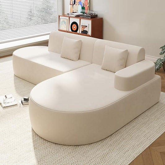 MELLCOM Modern 93" Curved Boneless Sofa Couch, L-Shaped Corner Sofa, No Assembly Needed, Chenille Upholstered Cloud Sectional Couch for Living Room,Apartment and Bedroom (Beige, Right Hand Facing)