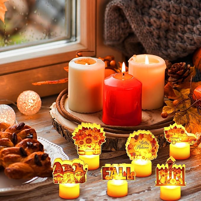 Tuanse 6 Pcs Hello Autumn Tea Lights Candles Fall Table Centerpieces for Dinner Fall LED Flameless Tealight Candles Thanksgiving Table Centerpieces for Home Office Kitchen Indoor Party Decor