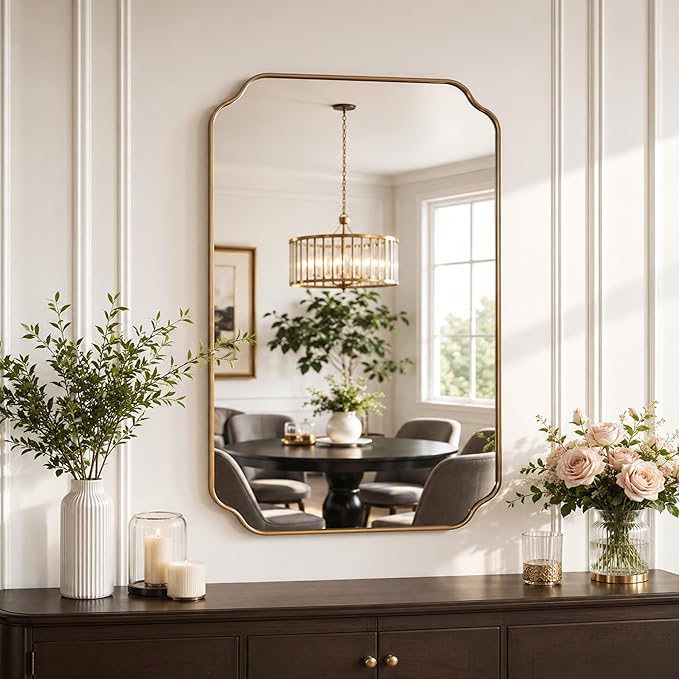 Gold Wall Mirror 36"x24", Scalloped Edge Vanity Mirror - Hangs Vertically/Horizontally Decorative Bathroom Mirror for Vanity, Bedroom & Entryway, Aesthetic Bathroom Decor