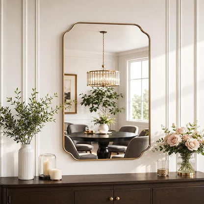 Gold Wall Mirror 36"x24", Scalloped Edge Vanity Mirror - Hangs Vertically/Horizontally Decorative Bathroom Mirror for Vanity, Bedroom & Entryway, Aesthetic Bathroom Decor