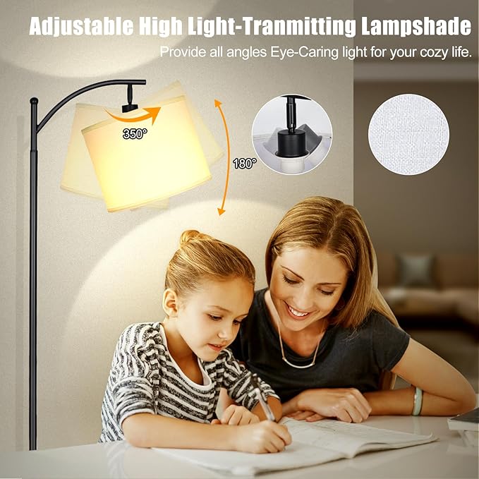 mukuxin LED Floor Lamps for Living Room, 12W 1200LM Modern Arc Floor Lamp with Remote & Adjustable Linen Lampshade, 12 Color Temperature Stepless Dimmable Tall Standing Lamp (White)