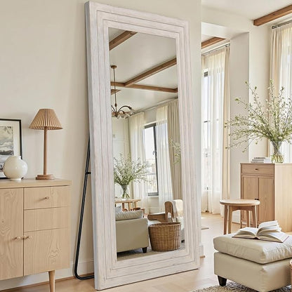 Antok Full Length Mirror with Solid Wood Frame, 81"×41" Wall Mounted Oversized Floor Mirror with Stand, Leaning Standing Hanging for Bedroom Living Room Entryway, White, Rect Style