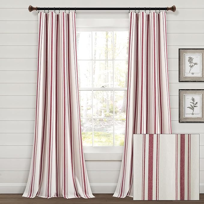 Lush Decor Farmhouse Stripe Yarn Dyed Eco-Friendly Recycled Cotton Window Curtain Panel Pair, 42" W x 95" L, Red - Classic Modern Rustic Charm - Eco Friendly Cotton Fabric