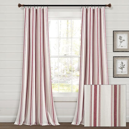 Lush Decor Farmhouse Stripe Yarn Dyed Eco-Friendly Recycled Cotton Window Curtain Panel Pair, 42" W x 95" L, Red - Classic Modern Rustic Charm - Eco Friendly Cotton Fabric