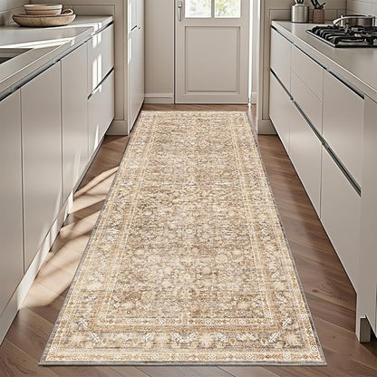 OPPODREAM Vintage Beige 3x6 Runner Rug, 3 x 6 Retro Washable Rug Non Slip, Low-Pile Faux Wool Carpet, Distressed Tan Floor Mat for Kitchen, Hallway, Entry-Way, Entrance, Indoor Back Door