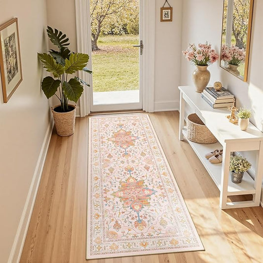RELEANY Area Rugs 2'x5' Runner Rug Non Slip Washable for Kitchen Hallway Bedroom Beside Laundry Room Bathroom Rug, Floor Carpet, Light Pink Colorful