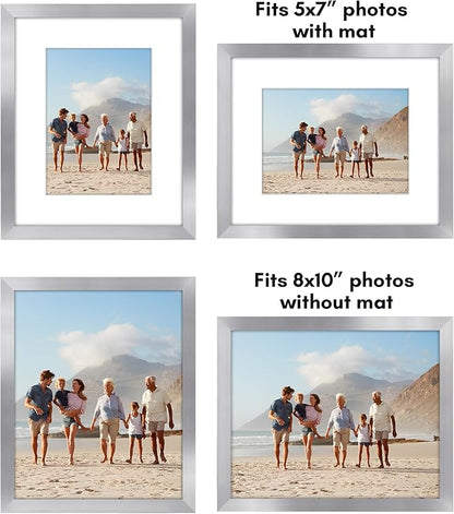 Americanflat 8x10 Picture Frame with Plexiglass - Set of 5 - Use as 5x7 Frame with Mat or Display 8x10 Photo Without Mat - Galleria Collection - Picture Frames for Tabletop or Wall - Silver
