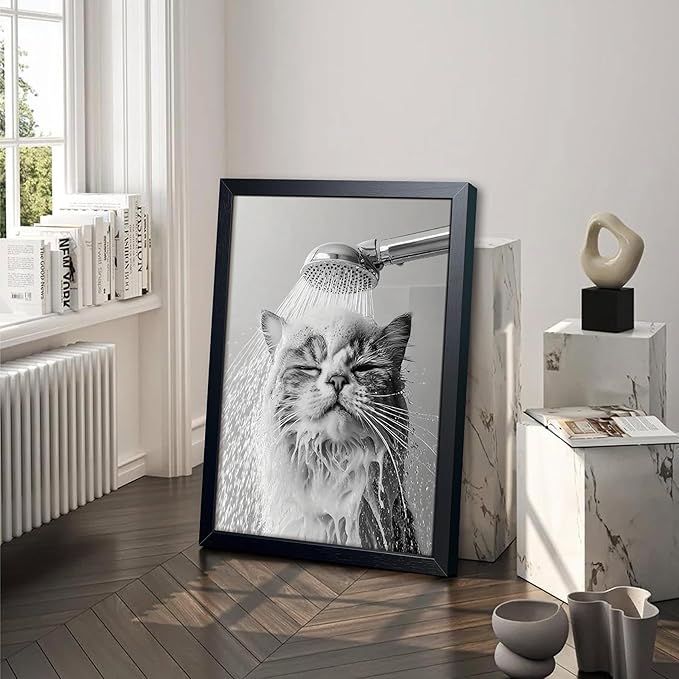 XYHYRA Cute Cat Bathroom Decor Funny Animal Bathroom Wall Art Cat Bathing Wall Decor Poster Painting Black and White Canvas Print Artwork Modern Farmhouse Restroom Home Decoration 16x24 Inch Wood Framed