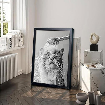 XYHYRA Cute Cat Bathroom Decor Funny Animal Bathroom Wall Art Cat Bathing Wall Decor Poster Painting Black and White Canvas Print Artwork Modern Farmhouse Restroom Home Decoration 16x24 Inch Wood Framed