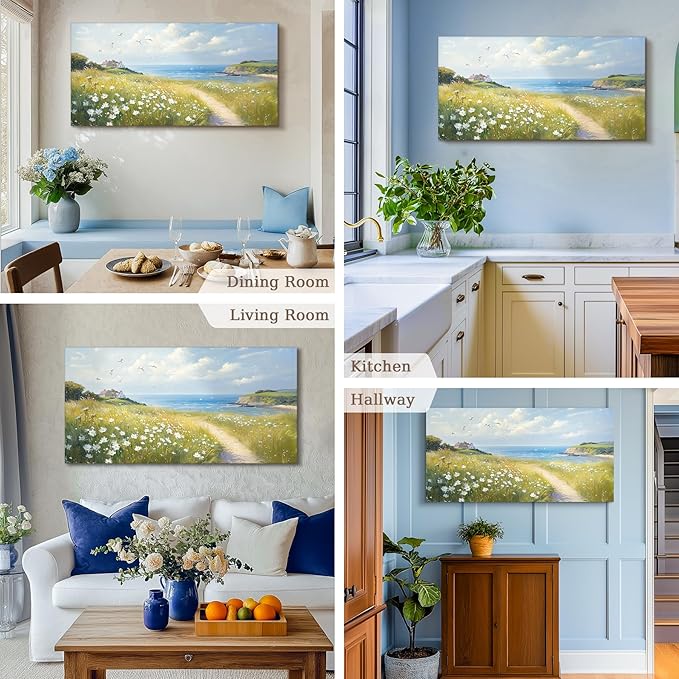 SERIMINO Coastal Landscape Large Wall Art, Country Scenic Canvas Art Wall Decor, Meadow Wildflowers Nature Art Prints, Rustic House Decorations Living Room Bedroom Above Bed Wall Pictures 24"X48"