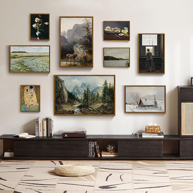 crmotu Landscape Framed Wall Art, Mountain Forest Canvas Art Prints, Pine Tree Vintage Oil Paintings, Riverside Rustic Farmhouse Decor Large Artwork, Wall Pictures for Living Room Bedroom 24x36in