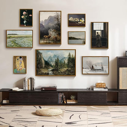crmotu Landscape Framed Wall Art, Mountain Forest Canvas Art Prints, Pine Tree Vintage Oil Paintings, Riverside Rustic Farmhouse Decor Large Artwork, Wall Pictures for Living Room Bedroom 24x36in
