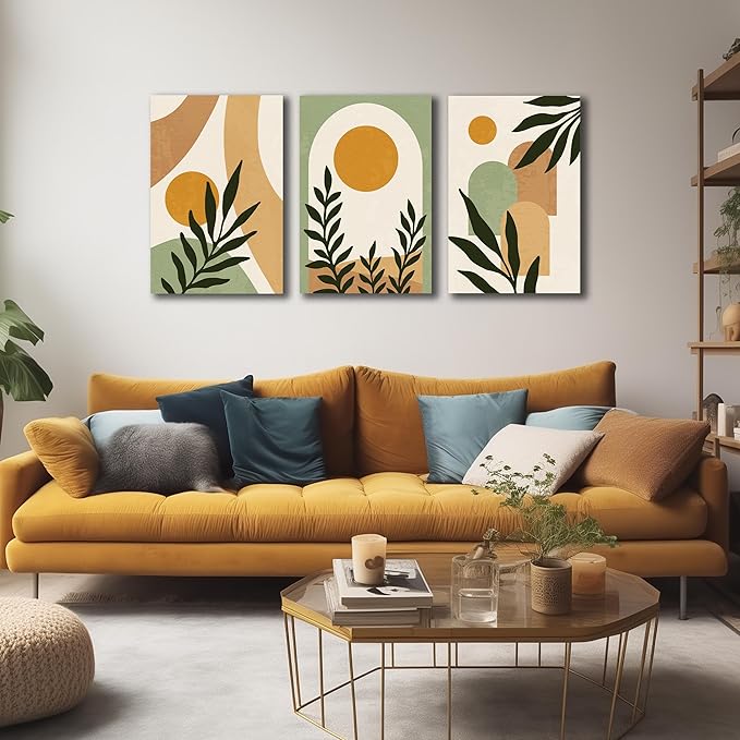 Boho Sun Canvas Wall Art Set of 3, Neutral Abstract Minimalismt Bohemian Geometric & Botanical Plants Pictures Prints Artwork Paintings Wall Decor for Bedroom Living Room Home Decoration 16x24 inches