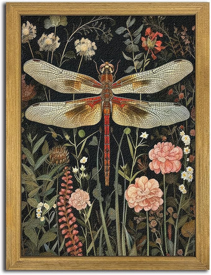 Framed Hand Drawn Sandstone Dragonfly Wall Art, Vintage 3D Textured Nature Botanical Wall Decor Pictures, Pink Flowers Print Painting for Living Room Kitchen Home Decor 16x24inch