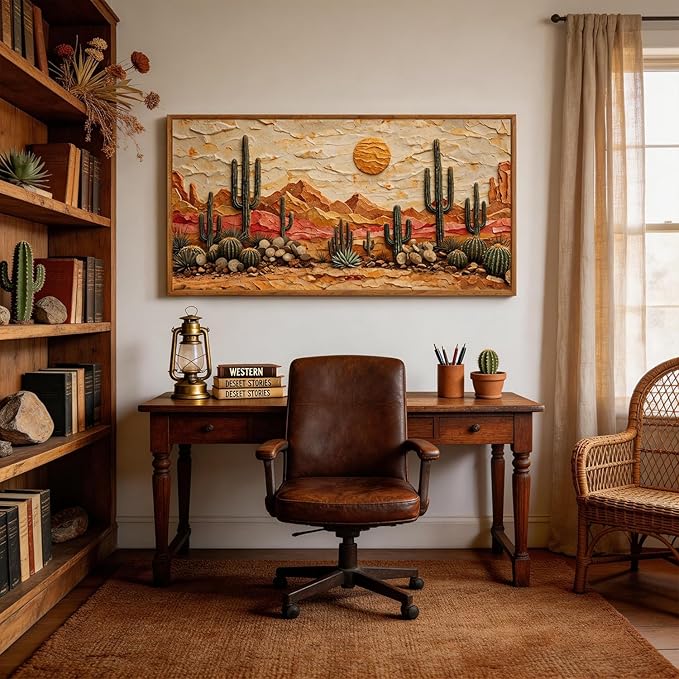 Aurlan Boho Cactus Arizona Desert Landscape Framed Wall Art(40"x20"), 3D Textured Orange Green Sunset Nature Canvas Artwork, Large Abstract Vintage Southwestern Aztec Mexican Succulent Painting Decor for Home Office Living Room Bedroom