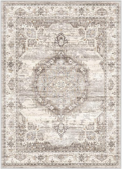 Washable Rugs 7x9 Area Rug：Large Rugs for Living Room - Oriential Distressed Printed Floral Carpet - Non Slip with Rubber Backing Area Rug 7'x9' Beige