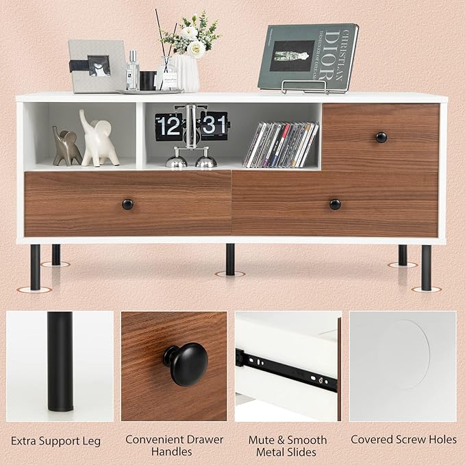 Tangkula Farmhouse TV Stand for 50-inch TVs, Modern Flat Screen Console Table with 2 Cubbies & 3 Large Drawers, Entertainment Center Storage Cabinet for Living Room (White & Walnut)