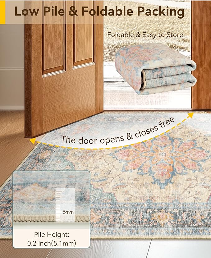 RELEANY Area Rugs 8'x10' Washable Non-Slip, Floral Vintage Distress Print Pattern Medallion Carpet for Living Room Bedroom Dining Room, Blue Orange Red