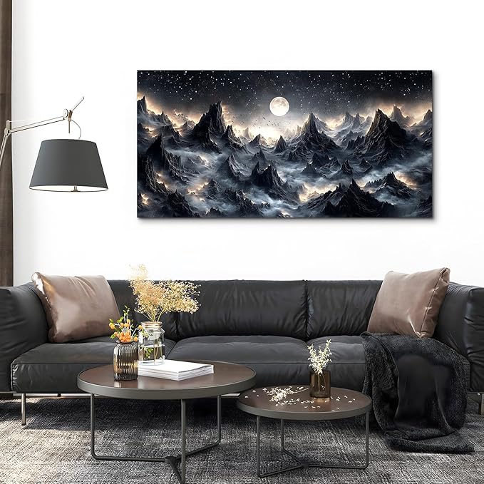 SERIMINO Large Wall Art for Living Room, Mountain Landscape Wall Decor, Fantasy Abstract Art Prints, Moonlit Night Black Canvas Painting, Cool Modern Pictures Home Decor for Bedroom 24"X48"
