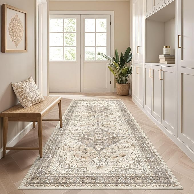 Runner Rug Kitchen Washable Rugs: 2x5 Non-Slip Boho Soft Vintage Stain Resistant Indoor Floor Neutral Farmhouse Throw Carpet for Hallway Bathroom Laundry Room Entryway Bedroom- Brown