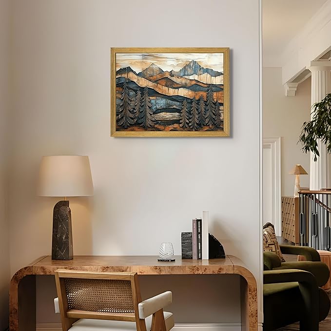 Vintage Boho Mountain Wall Art, Framed Landscape Canvas Wall Art, Nature Forest Wall Decor, Rustic Farmhouse Print Poster Painting for Living Room Bedroom Dining Room 16x24 Inch
