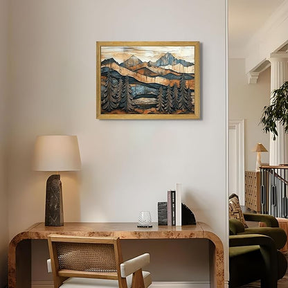 Vintage Boho Mountain Wall Art, Framed Landscape Canvas Wall Art, Nature Forest Wall Decor, Rustic Farmhouse Print Poster Painting for Living Room Bedroom Dining Room 12x16 Inch