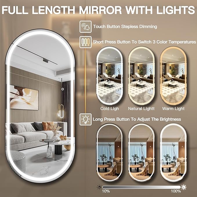 FENNIO 71" x 32" Large Wall Mounted Mirror with LED Lights, Oval Full Length LED Lighted Full Body Dressing Mirror for Bedroom, Salon, Brushed Aluminum Frame, Tempered Glass