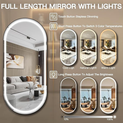 FENNIO 71" x 32" Large Wall Mounted Mirror with LED Lights, Oval Full Length LED Lighted Full Body Dressing Mirror for Bedroom, Salon, Brushed Aluminum Frame, Tempered Glass