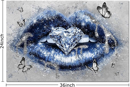 Conipit Navy Fashion Wall Art Blue Lip Canvas Art Beauty Glam Picture Prints Lip Painting with Heart Diamond Artwork for Makeup Room Bedroom Salon Wall Decor 24x36 Inch